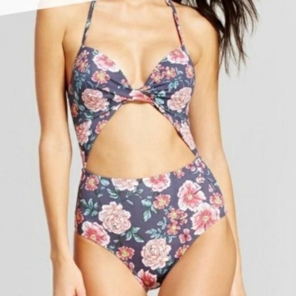 Shade & Shore Floral Cutout One Piece Swimsuit Monomini Vintage Pinup - Picture 2 of 4